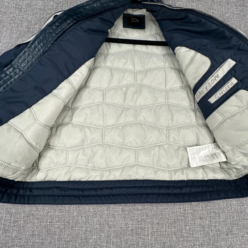 Jaguar Moto Jacket Kids Size 5/6 Navy Blue Racing Stripe Buckle Neck Cafe Racer